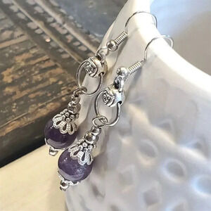 Amethyst Gemstone Lacy Trim Silver Carved Rose Handcrafted Earrings